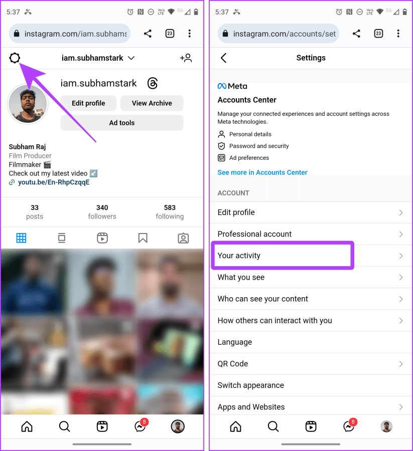 Instagram-Profile-on-web-on-Mobile كيفية إلغاء الإعجاب أو إلغاء حفظ جميع المنشورات على Instagram دفعة واحدة