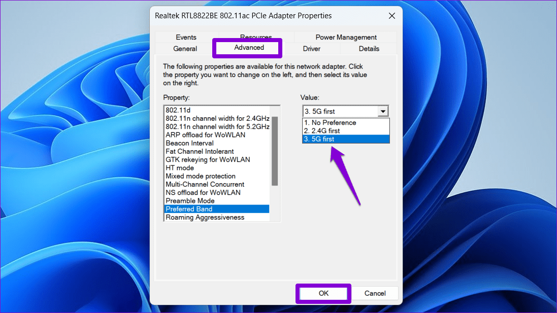 Modify-Network-Adapter-Preferences بأفضل 8 طرق لإصلاح لا يمكن الاتصال بنطاق تردد 5 جيجاهرتز للـ Wi-Fi على Windows 11