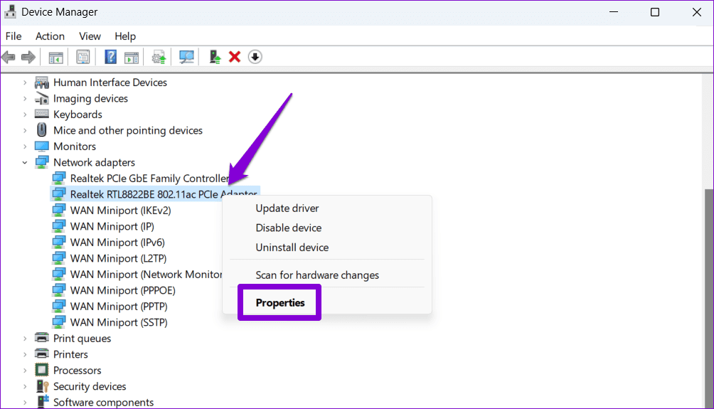 Network-Adapters-Properties-on-Windows بأفضل 8 طرق لإصلاح لا يمكن الاتصال بنطاق تردد 5 جيجاهرتز للـ Wi-Fi على Windows 11