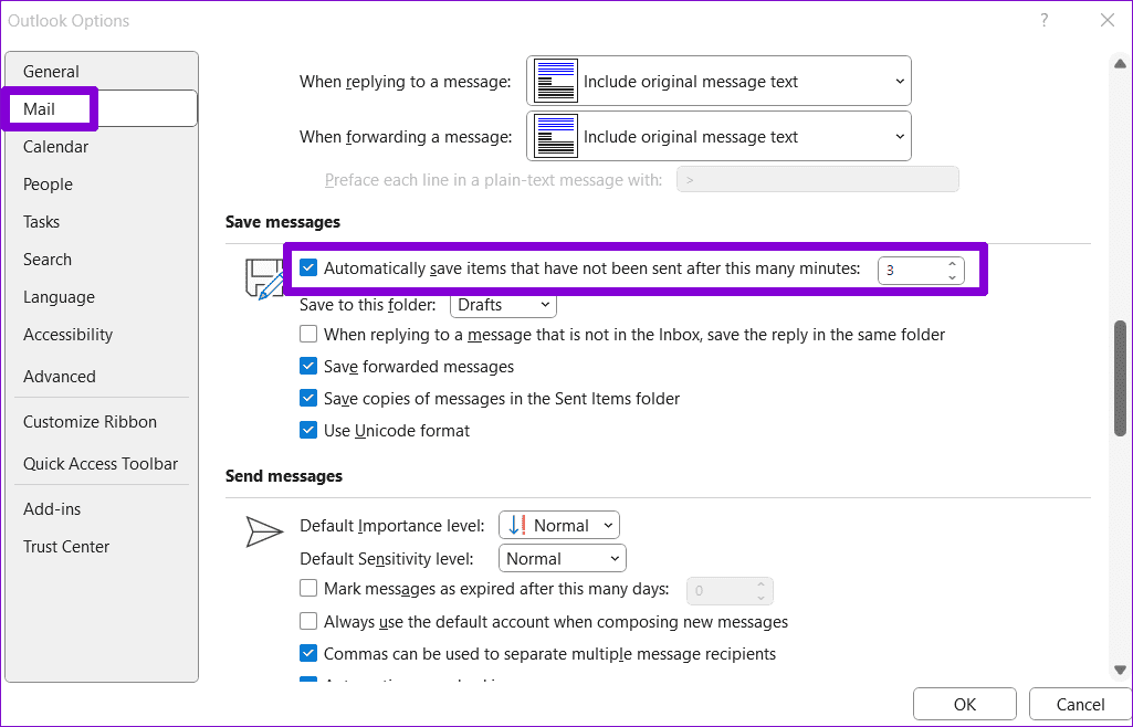 Outlook-Draft-Settings أفضل 6 طرق لإصلاح عدم حفظ المسودات في Microsoft Outlook على Windows