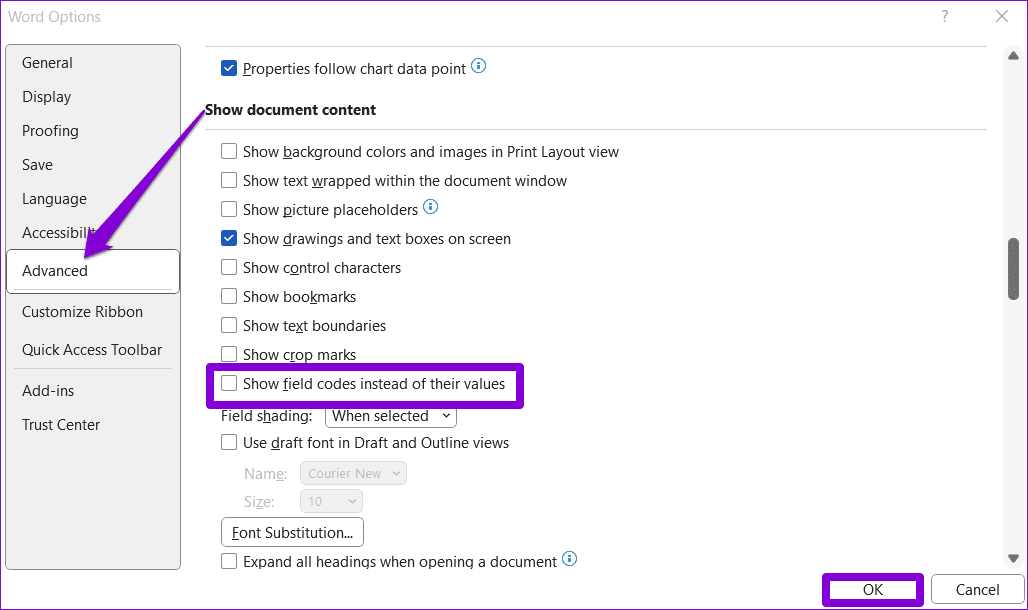 Prevent-Word-From-Showing-Field-Codes أفضل 6 طرق لإصلاح عدم عمل الارتباطات التشعبية في Microsoft Word على Windows