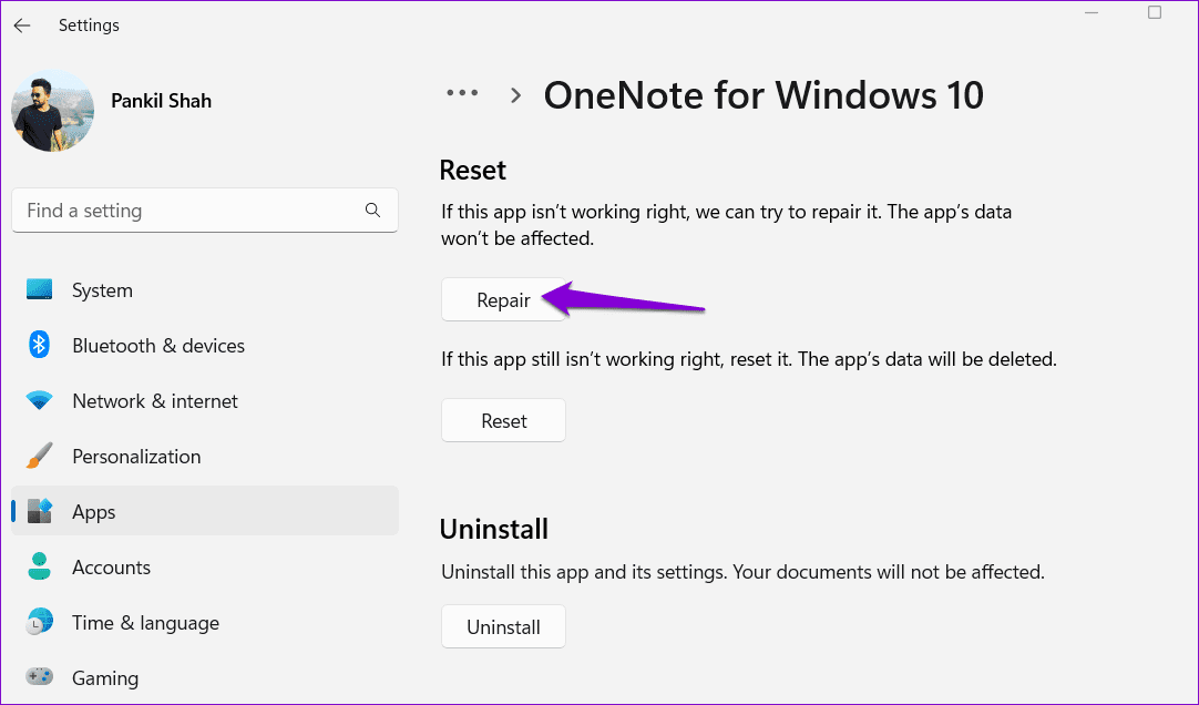 Repair-OneNote-App-2 أهم 6 طرق لإصلاح تعذر تسجيل الدخول إلى Microsoft OneNote على Windows