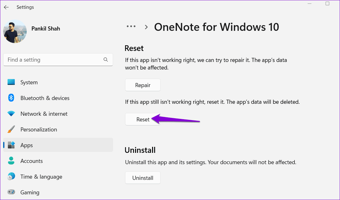 Reset-OneNote-App أهم 6 طرق لإصلاح تعذر تسجيل الدخول إلى Microsoft OneNote على Windows