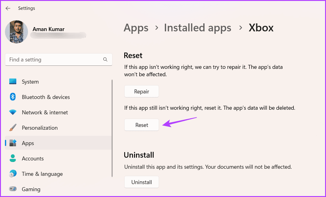 Reset-button-1 أهم 7 إصلاحات لتطبيق Xbox لظهور خطأ "looks like you're stranded" على Windows 11