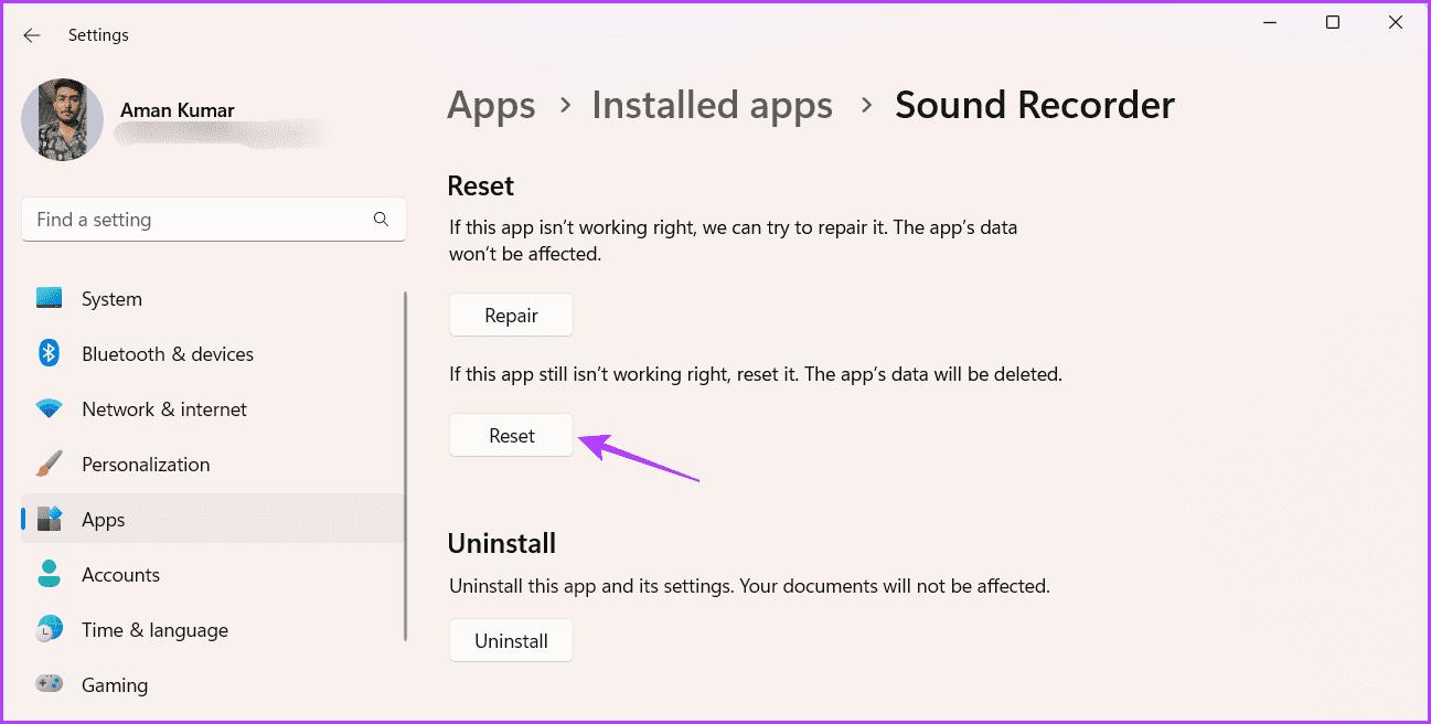 Reset-option أفضل 5 طرق لإصلاح عدم عمل مسجل الصوت على Windows 11