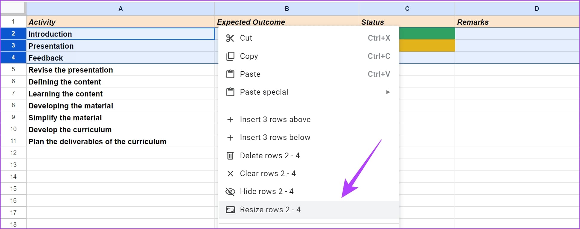 Resize-Rows كيفية تغيير حجم الخلية في Google Sheets
