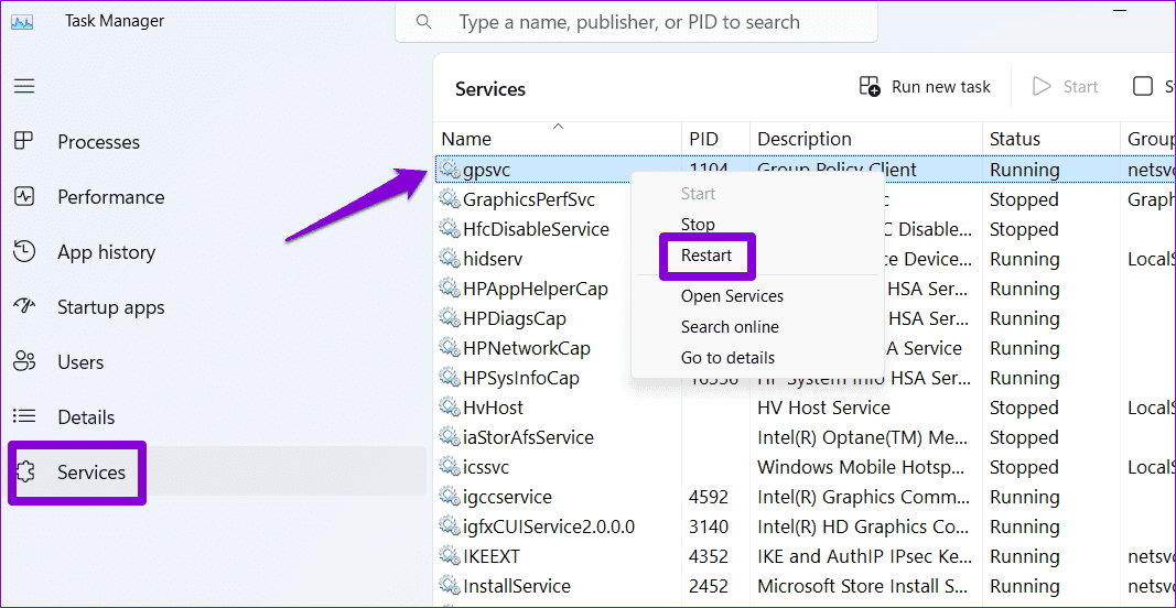 Restart-the-gpsvc-Service أفضل 6 طرق لإصلاح نظام Windows PC عالق على يرجى الانتظار حتى ظهور شاشة GPSVC