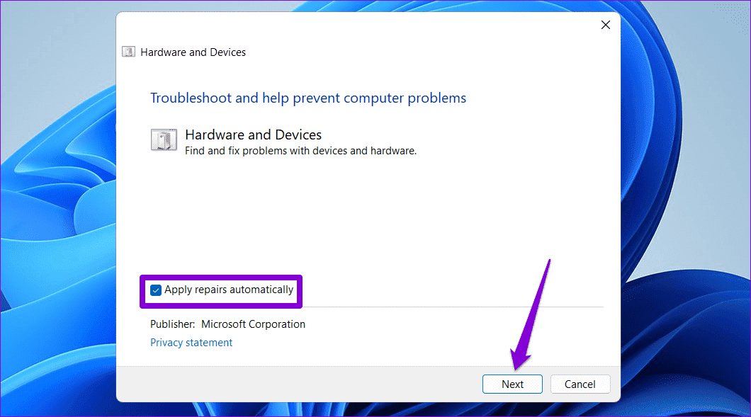 Run-Hardware-and-Devices-Troubleshooter أفضل 7 طرق لإصلاح تعذر تثبيت برامج التشغيل على Windows 11