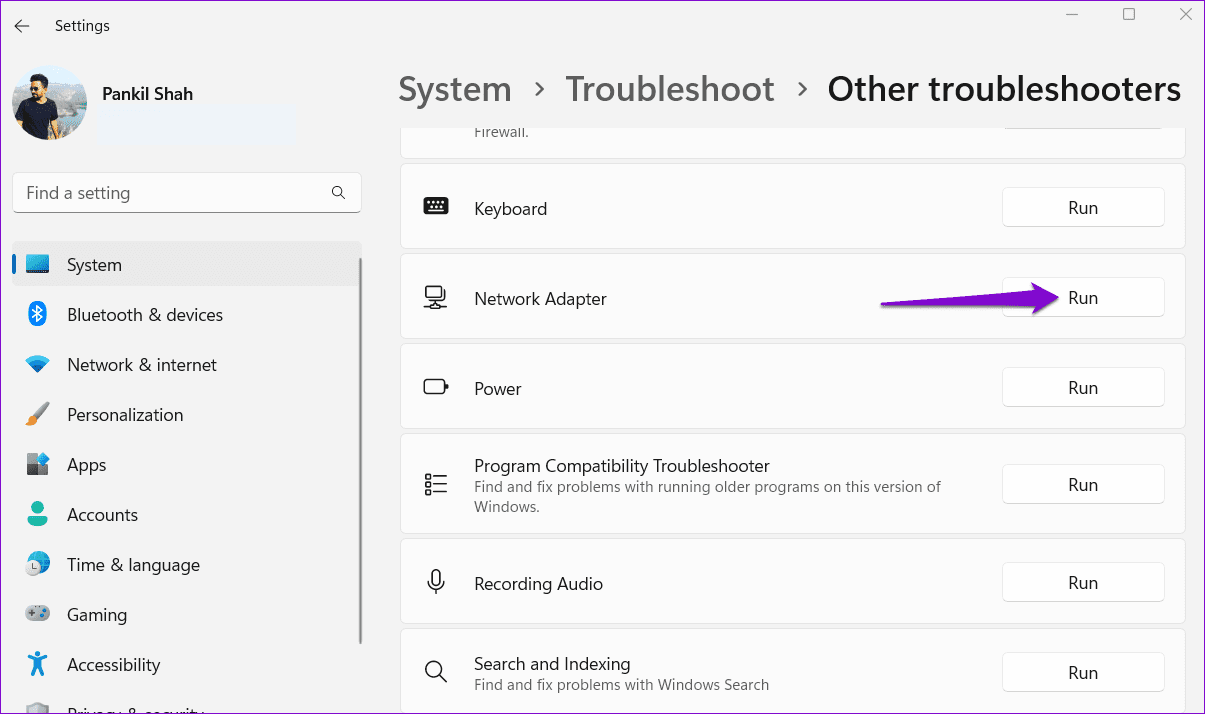 Run-Network-Adpater-Troubleshooter-on-Windows-11 بأفضل 8 طرق لإصلاح لا يمكن الاتصال بنطاق تردد 5 جيجاهرتز للـ Wi-Fi على Windows 11