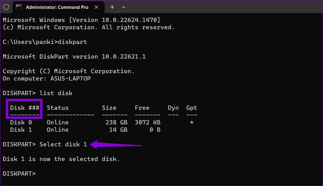 Select-Disk-in-CMD أفضل 3 طرق لإزالة الحماية ضد الكتابة من محركات أقراص USB وبطاقات SD على Windows 11