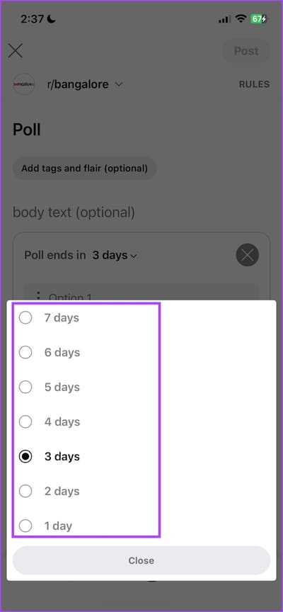 Select-Number-of-Days كيفية إجراء استطلاع على Reddit للويب و iPhone و Android