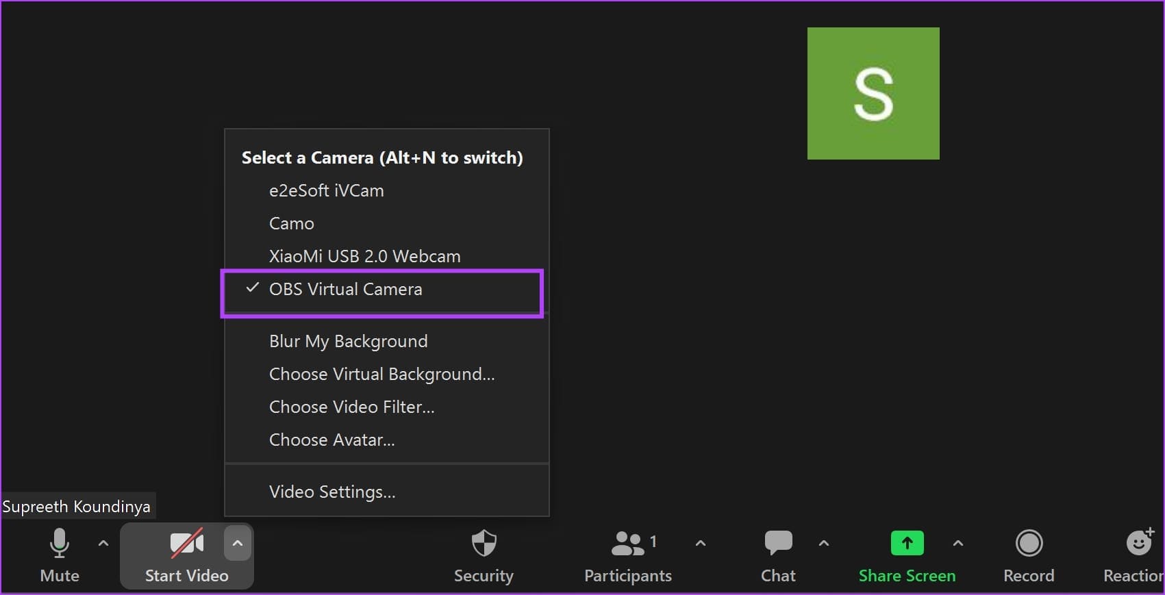 Select-OBS-virtual-camera-under-video كيفية إعداد الكاميرا الافتراضية OBS  على نظامي التشغيل Windows و Mac