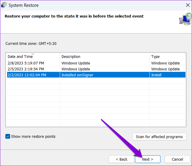 Select-Restore-Point-1 أفضل 6 طرق لإصلاح نظام Windows PC عالق على يرجى الانتظار حتى ظهور شاشة GPSVC