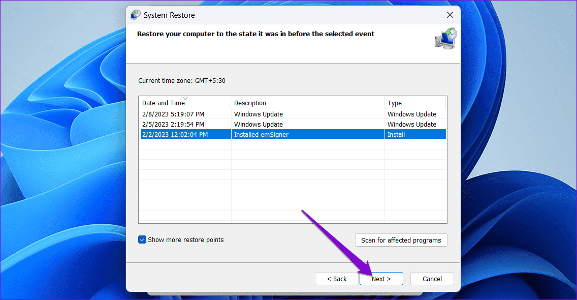 Select-Restore-Point-in-Windows-11 أفضل 7 طرق لإصلاح تعذر تثبيت برامج التشغيل على Windows 11