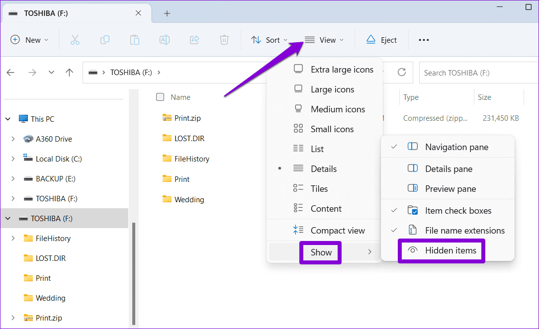 Show-Hidden-Files-in-File-Explorer أفضل 6 طرق لإصلاح عدم عرض محرك أقراص USB للملفات والمجلدات على Windows 11