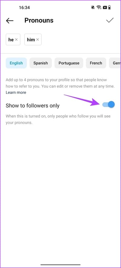 Show-to-followers-only كيفية إضافة ضمائر إلى ملفك الشخصي على Instagram
