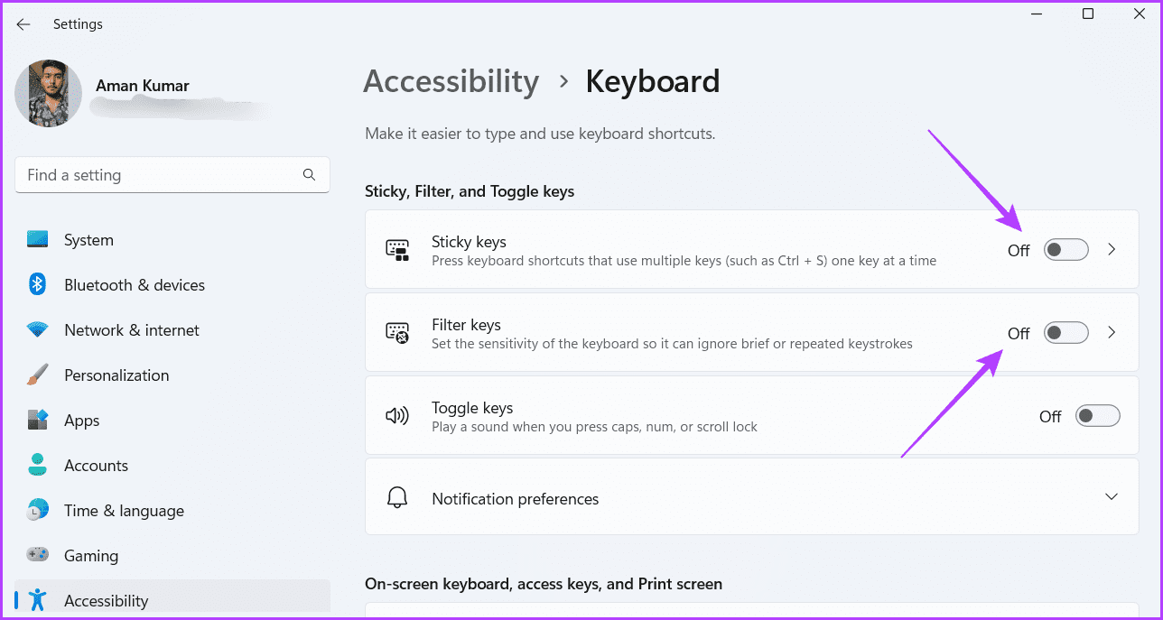 Sticky-and-Filter-Keys أفضل 5 طرق لإصلاح عدم عمل مفتاح Tab على Windows 11