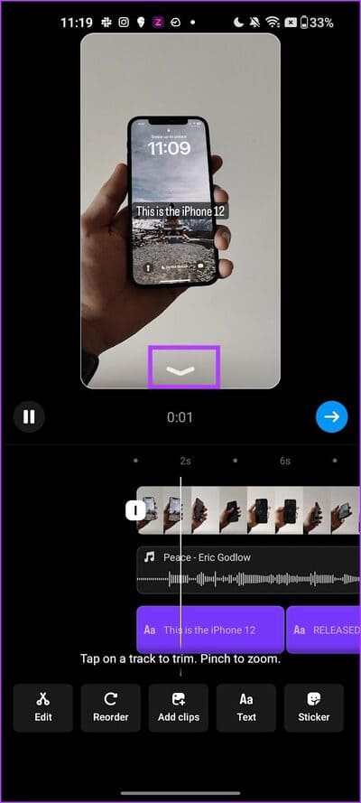 Tap-on-bottom-arrow كيفية تحرير Reels باستخدام محرر Instagram المدمج