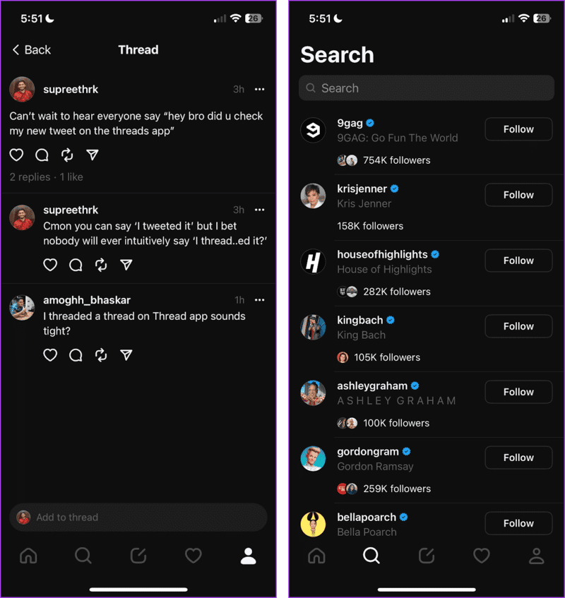 Threads-Thread-layout-and-Search Twitter مقابل Threads من Instagram: ما هي الاختلافات