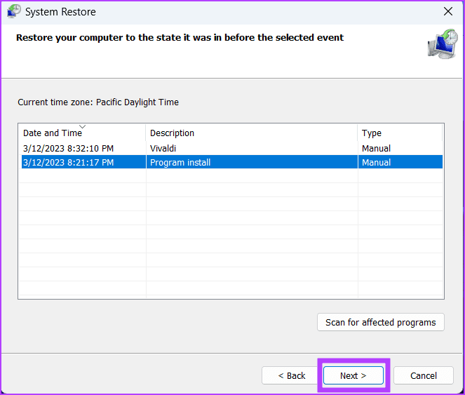 Try-different-restore-point أفضل 8 طرق لإصلاح خطأ "استعادة النظام لم تكتمل بنجاح" على Windows