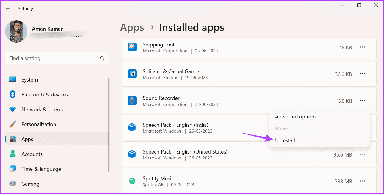 Uninstall-2 أفضل 5 طرق لإصلاح عدم عمل مسجل الصوت على Windows 11