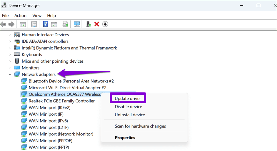 Update-Network-Adapter بأفضل 8 طرق لإصلاح لا يمكن الاتصال بنطاق تردد 5 جيجاهرتز للـ Wi-Fi على Windows 11