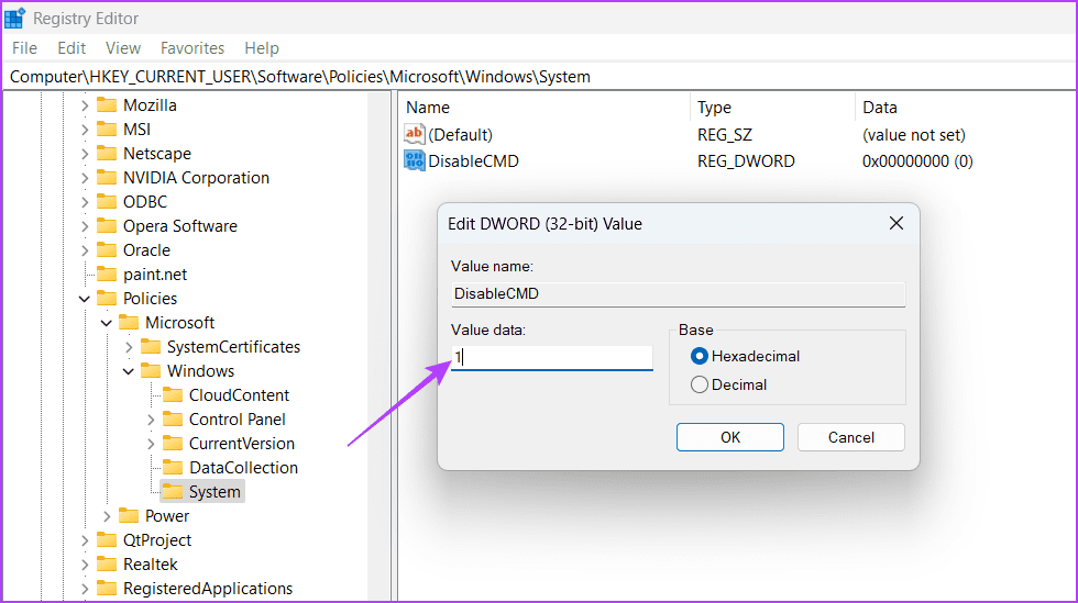Value-data-5 أفضل طريقتين لتعطيل Command Prompt و Windows PowerShell على Windows 11