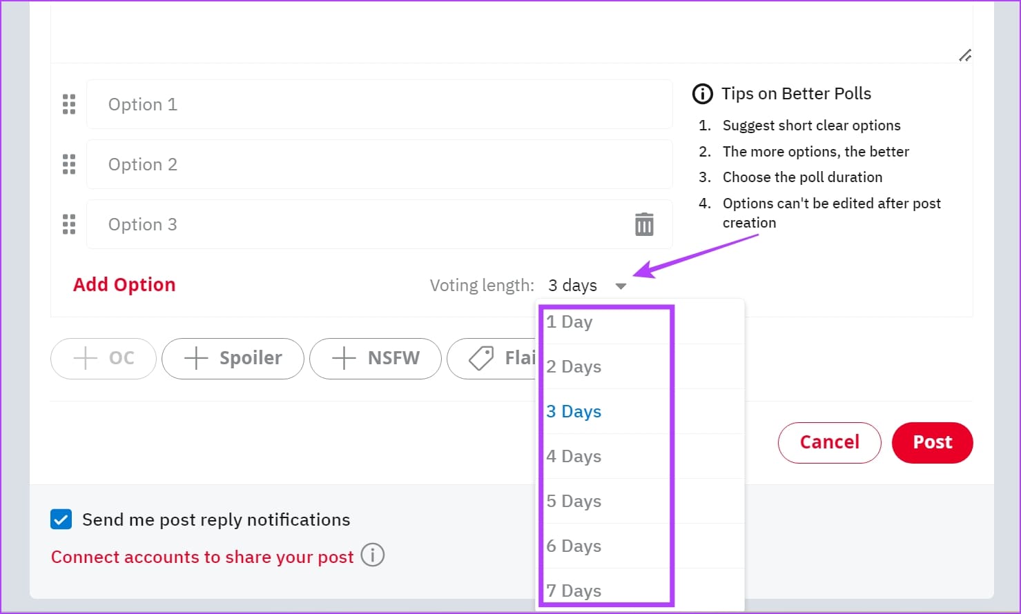 Voting-Length كيفية إجراء استطلاع على Reddit للويب و iPhone و Android