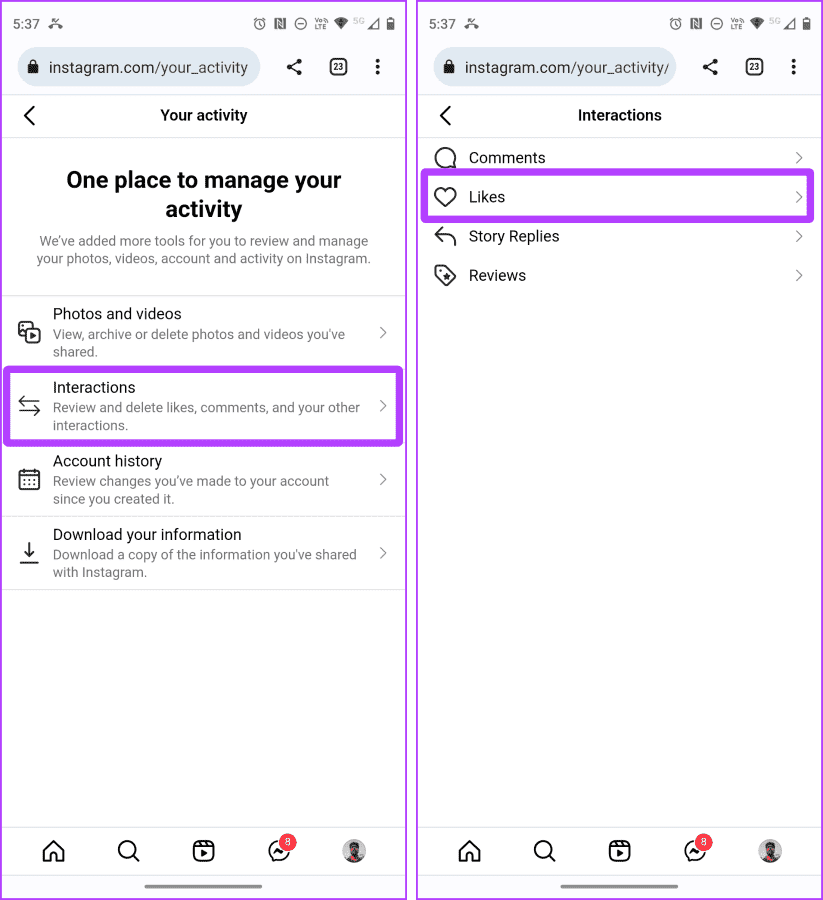 Your-Activity-and-Interactions-page-Instagram كيفية إلغاء الإعجاب أو إلغاء حفظ جميع المنشورات على Instagram دفعة واحدة