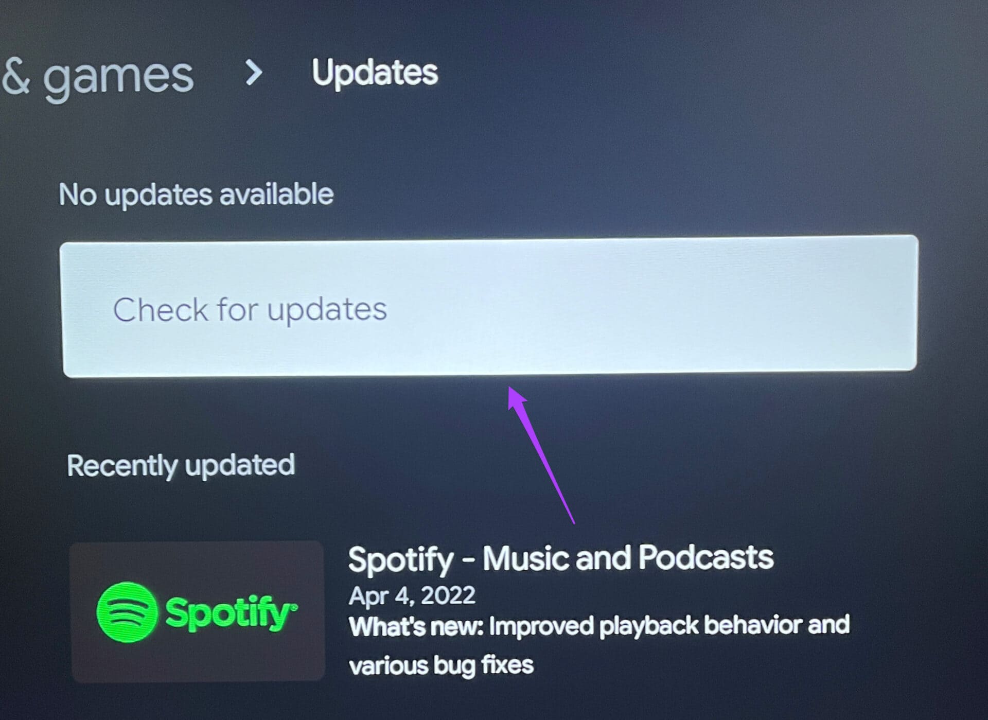 check-for-updates-play-store-android-tv أفضل 7 إصلاحات عدم عمل Dolby Atmos في Netflix على Android TV