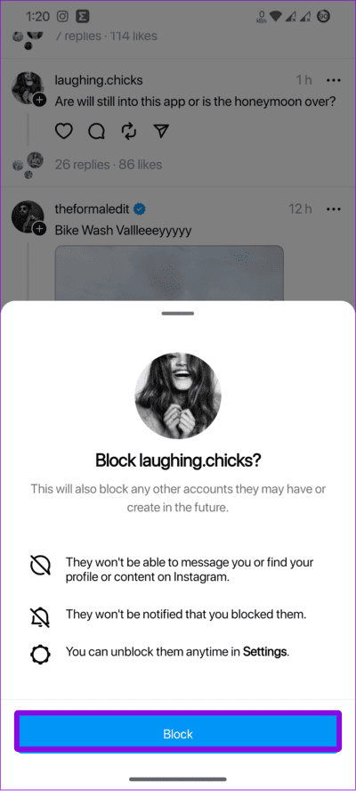 choose-Block-to-confirm كيفية كتم صوت شخص ما أو حظره في Threads