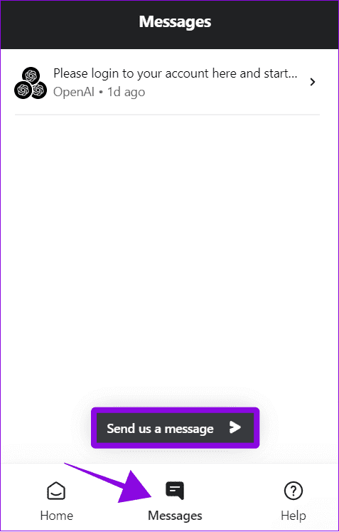 choose-Messages-and-hit-Send-us-a-message 11 طريقة لإصلاح خطأ "لم يتم العثور على المحادثة" في ChatGPT