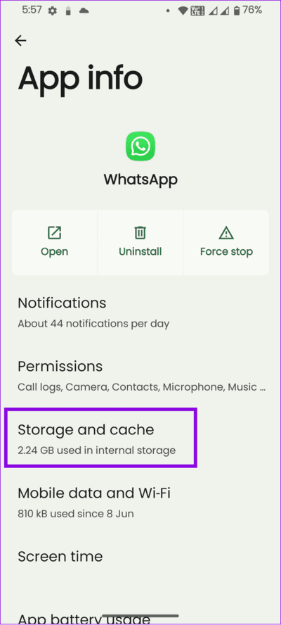 choose-Storage-and-cache 8 طرق لإصلاح عدم عرض أسماء جهات الاتصال على Whatsapp