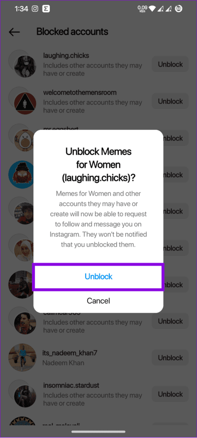 choose-Unblock-to-confirm كيفية كتم صوت شخص ما أو حظره في Threads