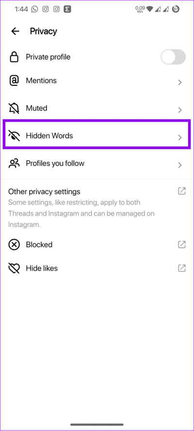 choose-hidden-words كيفية كتم صوت شخص ما أو حظره في Threads