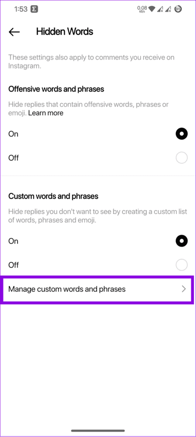 choose-manage-custom-words-and-phrases كيفية كتم صوت شخص ما أو حظره في Threads