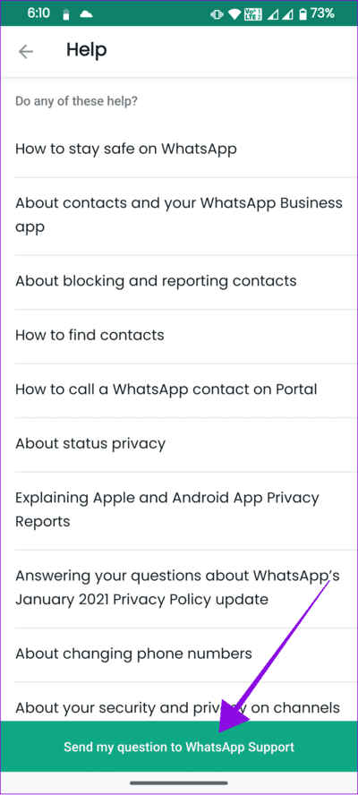 choose-send-my-question-to-WhatsApp-Support 8 طرق لإصلاح عدم عرض أسماء جهات الاتصال على Whatsapp