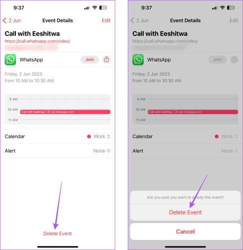 delete-event-calendar-iphone-side كيفية جدولة مكالمات WhatsApp في تطبيق Calendar على iPhone