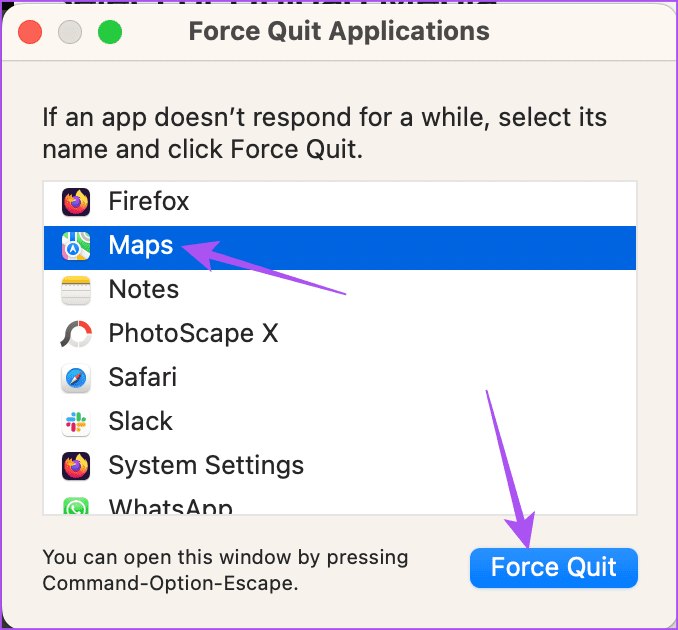 force-quit-maps-on-Mac أفضل 5 إصلاحات لعدم عمل الوضع الداكن في Apple Maps على iPhone و Mac