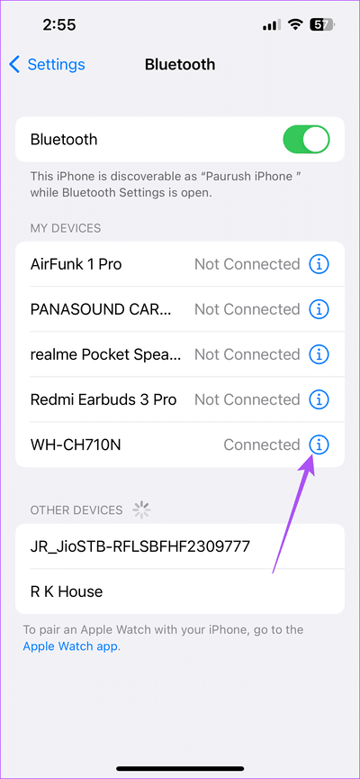 info-connected-bluetooth-device-iphone أفضل 6 إصلاحات لتشغيل الرسالة الصوتية في WhatsApp بمستوى صوت منخفض على iPhone
