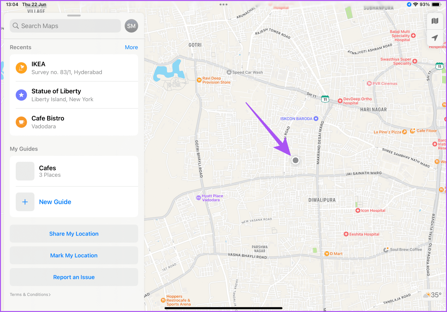 location-pointer-apple-maps-iPad-1536x1073-1 كيفية مشاركة الموقع المباشر باستخدام Apple Maps على iPhone و iPad و Mac