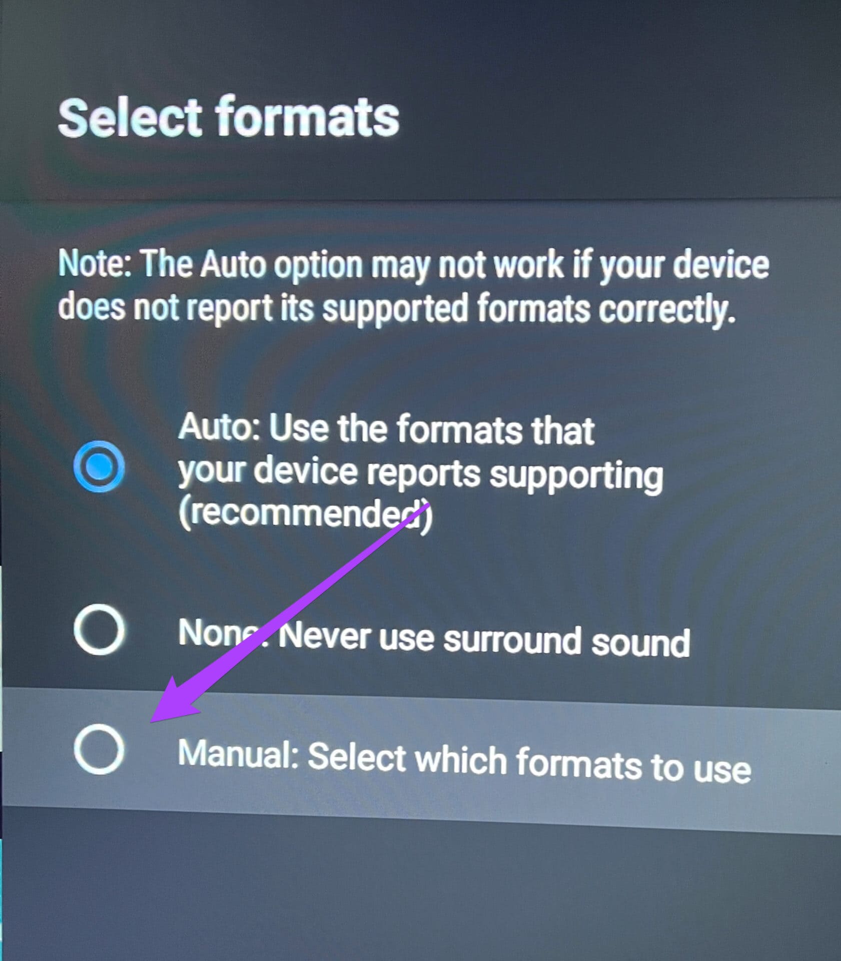 manual-select-sound-format-android-tv أفضل 7 إصلاحات عدم عمل Dolby Atmos في Netflix على Android TV