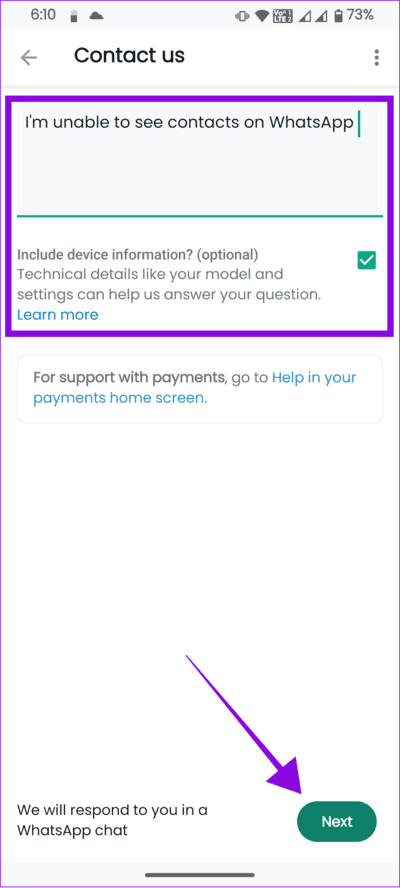 mention-the-issues-and-tap-next 8 طرق لإصلاح عدم عرض أسماء جهات الاتصال على Whatsapp