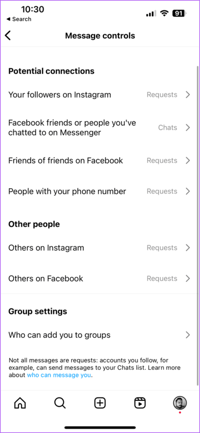 message-control-settings-instagram-710x1536-1 أفضل 5 إصلاحات لعدم عمل ردود الفعل على الرسائل في Instagram