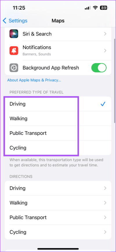 preferred-mode-of-travel-Maps-iphone-710x1536-1 أفضل 6 إصلاحات لعدم ظهور سهم الاتجاه في Apple Maps على iPhone