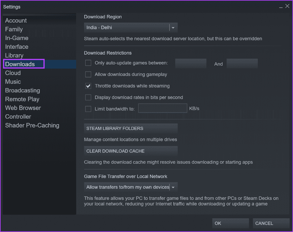 steam-app-download-settings أفضل 7 طرق لإصلاح خطأ "توقف Steam عند التحقق من التثبيت" في Windows
