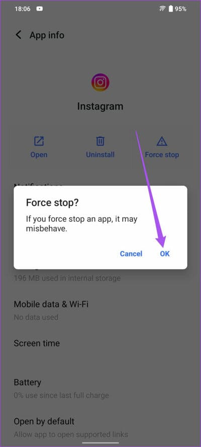 tap-ok-to-confirm-force-stop-instagram-app-android-693x1536-2 أفضل 5 إصلاحات لعدم عمل ردود الفعل على الرسائل في Instagram