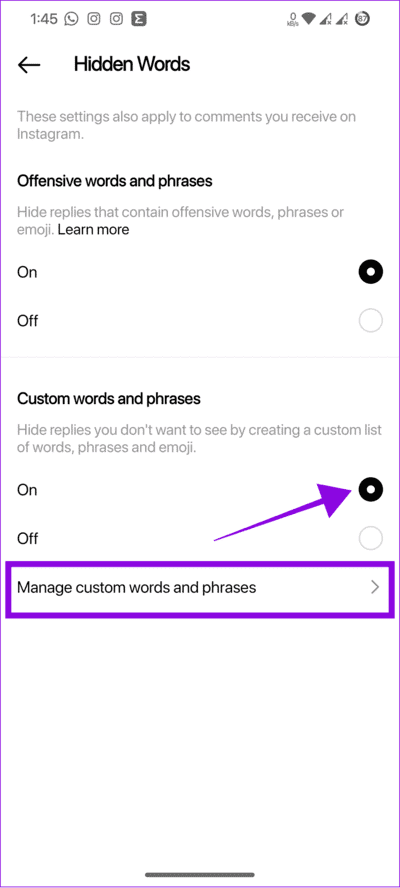 turn-on-custom-words-and-then-choose-manage كيفية كتم صوت شخص ما أو حظره في Threads