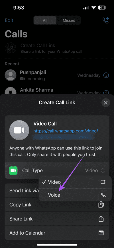 voice-call-type-call-link-whatsapp-iphone-710x1536-1 كيفية جدولة مكالمات WhatsApp في تطبيق Calendar على iPhone