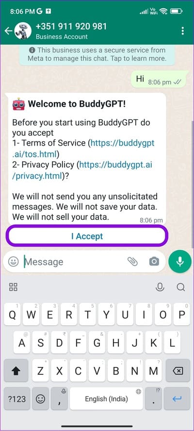 Accept-the-terms-and-conditions-to-use-ChatGPT-bot-on-WhatsApp طريقتين سهلتين لاستخدام ChatGPT على WhatsApp